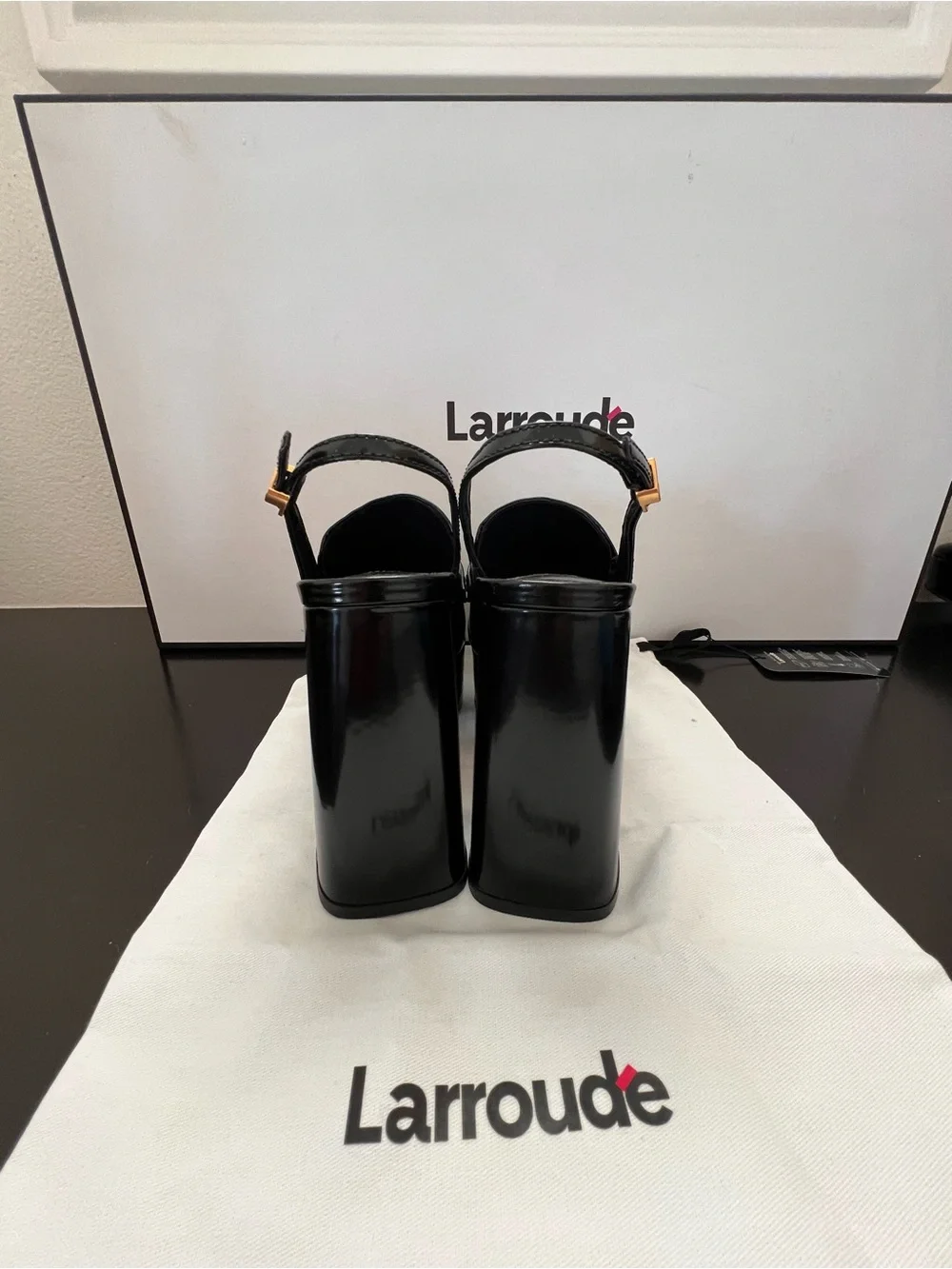 Larroude Harrington Glossy Black Platform Slingback Loafers Heels 7.5 NIB NWT